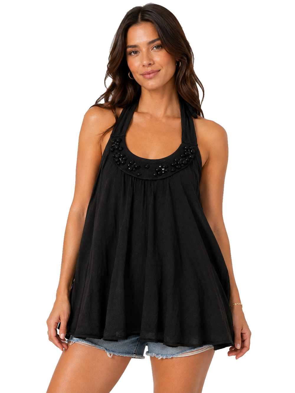 JUICY COUTURE BLACK BEADED HALTER TOP 100% COTTON WOMENS SIZE L
